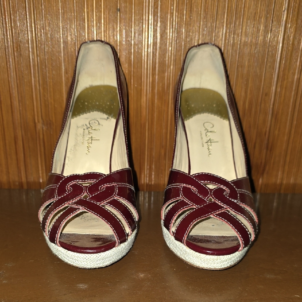 Cole Haan Nike Air red patent leather pumps with a woven peep toe